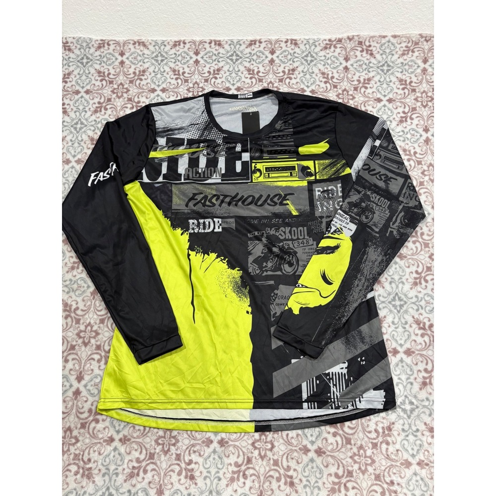 Fasthouse Mens XXL MTB Jersey Long Sleeve Black Neon Yellow Graphic Ride Skool